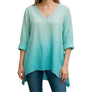 La Fixsun Blue Ombre Dip Dye 100% Linen V-Neck Double Layer Tunic Top Size Small